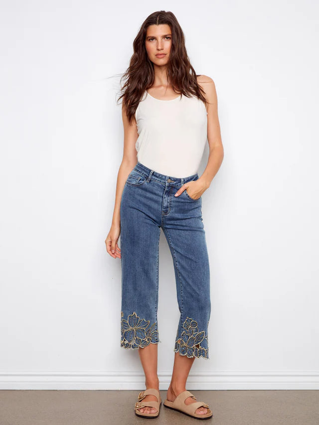 Cropped Wide Leg Jeans With Floral Embroidery - Medium Blue by Charlie B