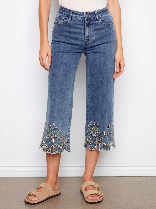 Cropped Wide Leg Jeans With Floral Embroidery - Medium Blue by Charlie B