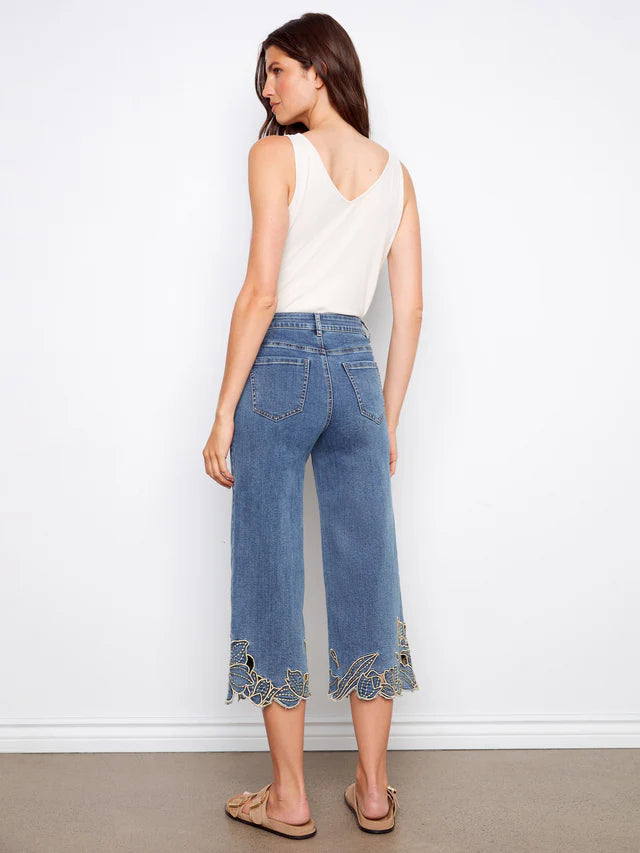 Cropped Wide Leg Jeans With Floral Embroidery - Medium Blue by Charlie B
