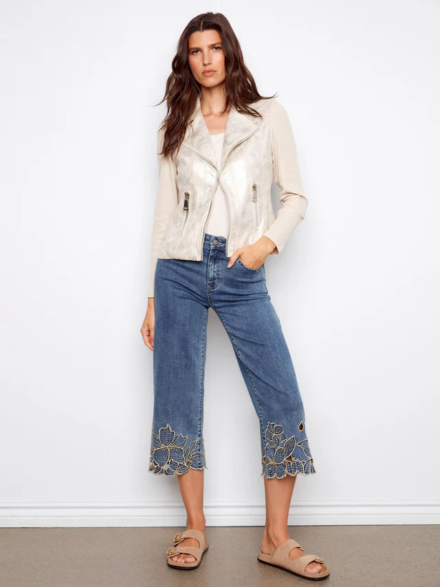 Cropped Wide Leg Jeans With Floral Embroidery - Medium Blue by Charlie B