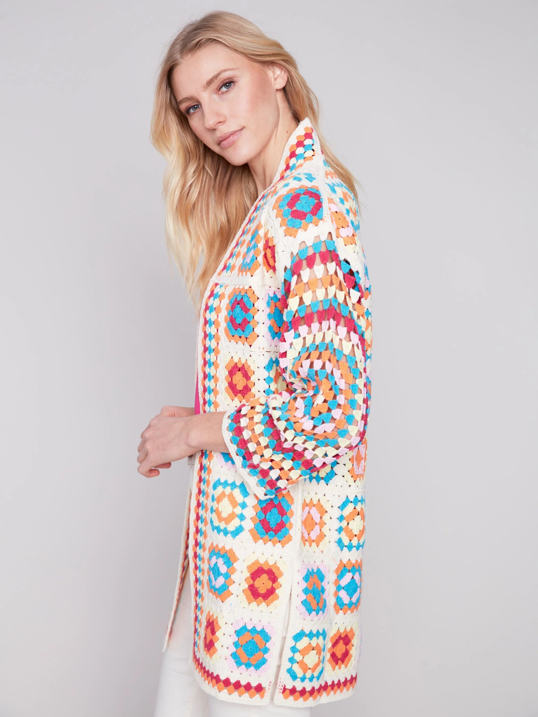 Long Color Block Crochet Cardigan - Punch by Charlie B