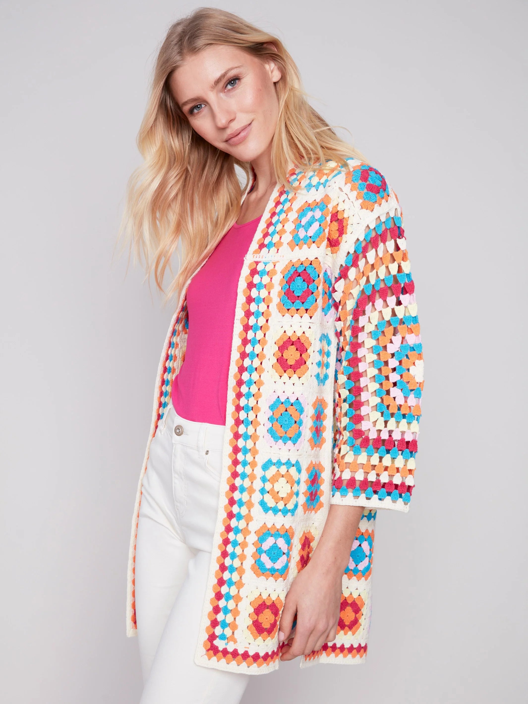 Long Color Block Crochet Cardigan - Punch by Charlie B