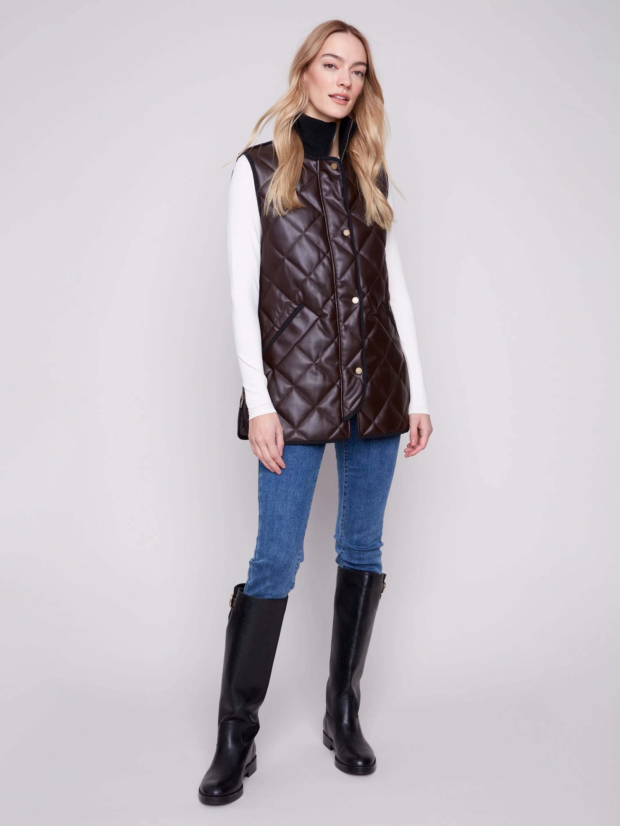 Long Quilted Faux Leather Vest by Charlie B