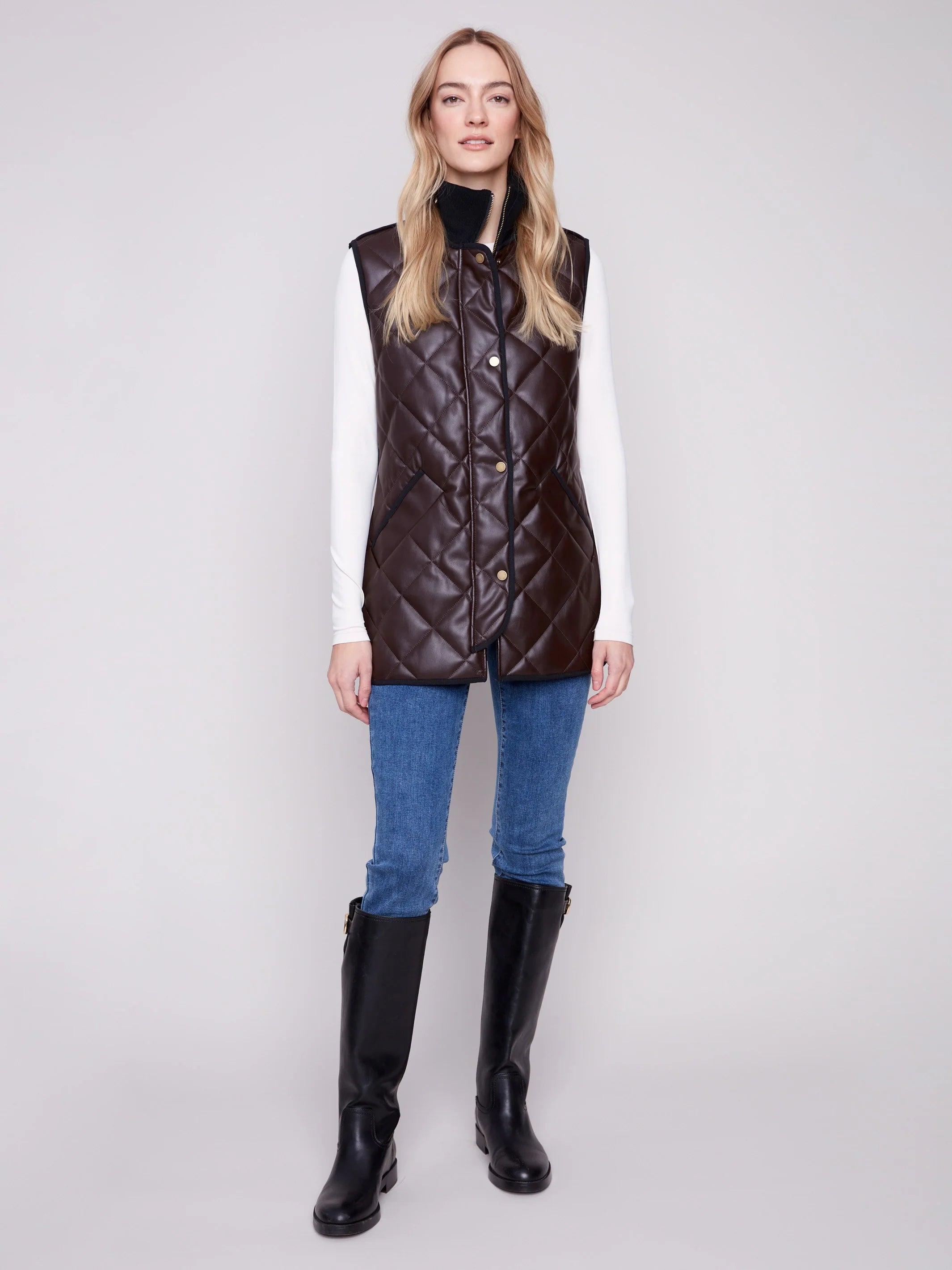 Long Quilted Faux Leather Vest by Charlie B