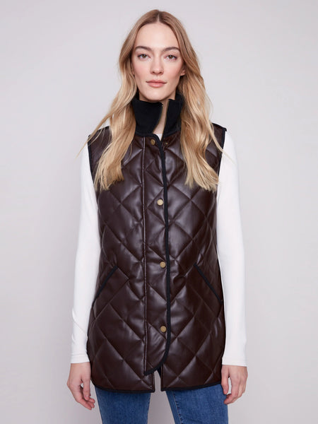 Long Quilted Faux Leather Vest by Charlie B
