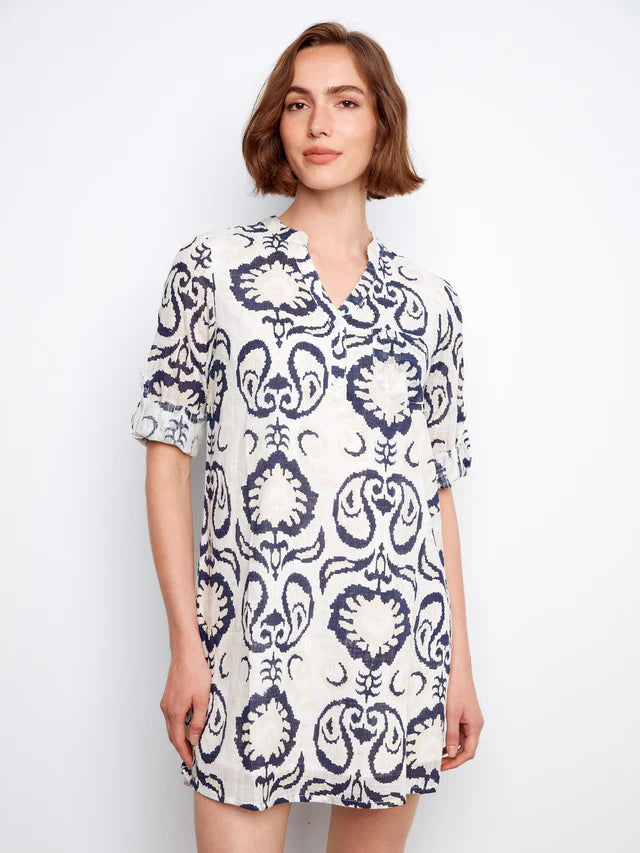 Printed Cotton Blend Henley Shirt Dress - Ornament by Charlie B