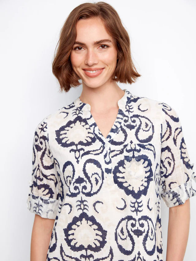 Printed Cotton Blend Henley Shirt Dress - Ornament by Charlie B