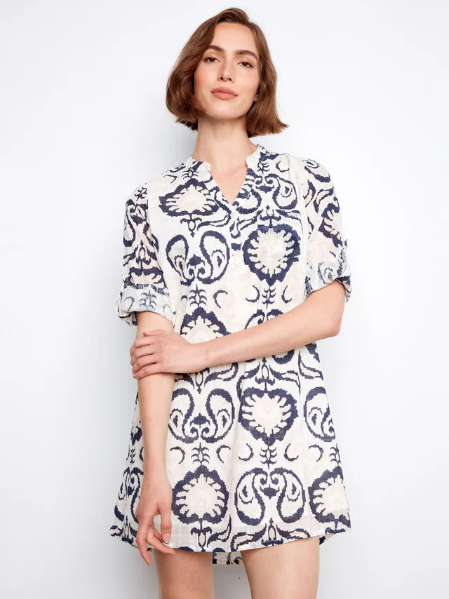 Printed Cotton Blend Henley Shirt Dress - Ornament by Charlie B