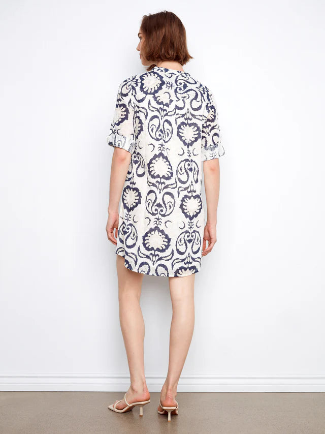 Printed Cotton Blend Henley Shirt Dress - Ornament by Charlie B