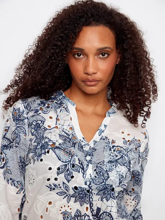 Printed Cotton Eyelet Half-Button Blouse - Lace by Charlie B