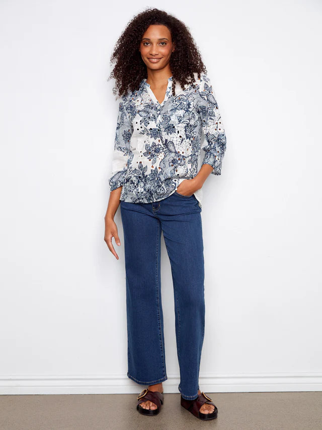 Printed Cotton Eyelet Half-Button Blouse - Lace by Charlie B