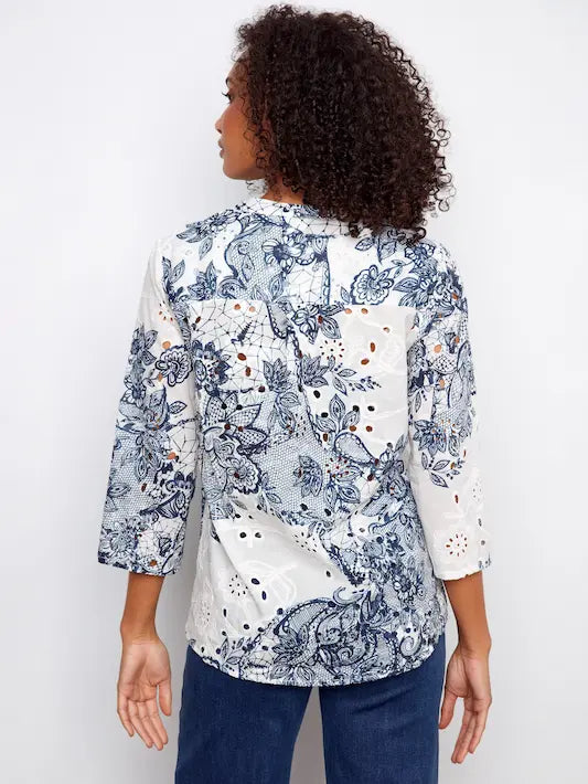 Printed Cotton Eyelet Half-Button Blouse - Lace by Charlie B