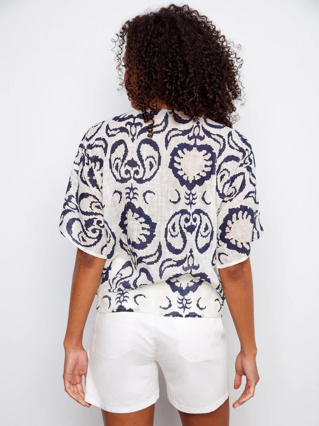 Printed Cotton Gauze Blouse With Side Tie - Ornament by Charlie B
