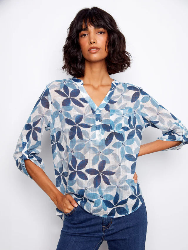 Printed Cotton Gauze Half-Button Blouse - Sapphire by Charlie B