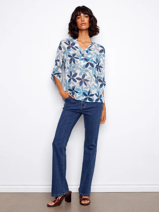 Printed Cotton Gauze Half-Button Blouse - Sapphire by Charlie B