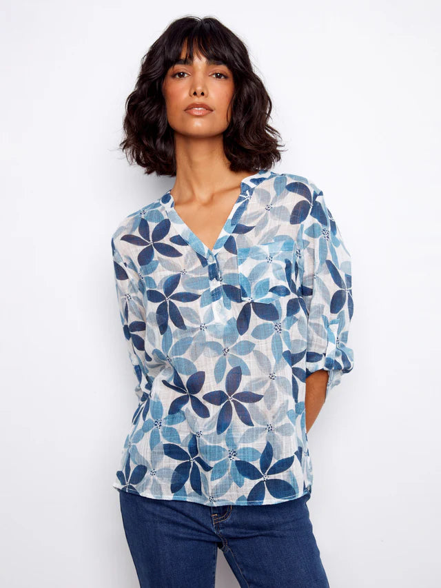 Printed Cotton Gauze Half-Button Blouse - Sapphire by Charlie B