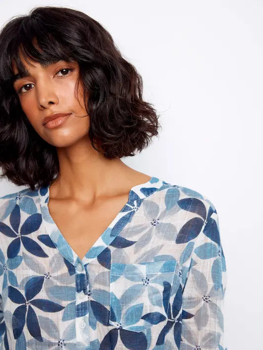 Printed Cotton Gauze Half-Button Blouse - Sapphire by Charlie B