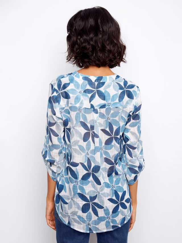 Printed Cotton Gauze Half-Button Blouse - Sapphire by Charlie B