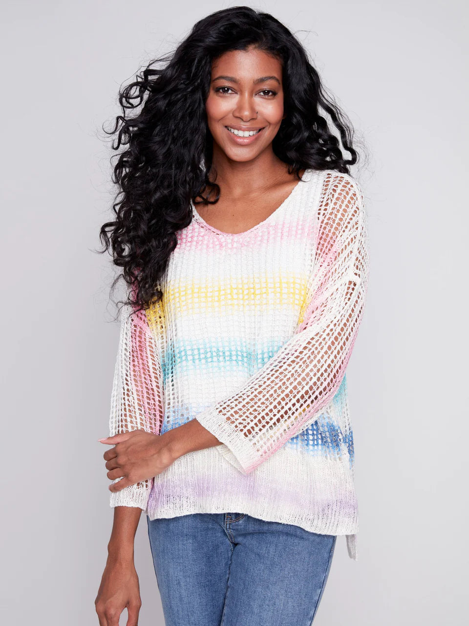 Printed Fishnet Crochet Sweater--Rainbow by Charlie B