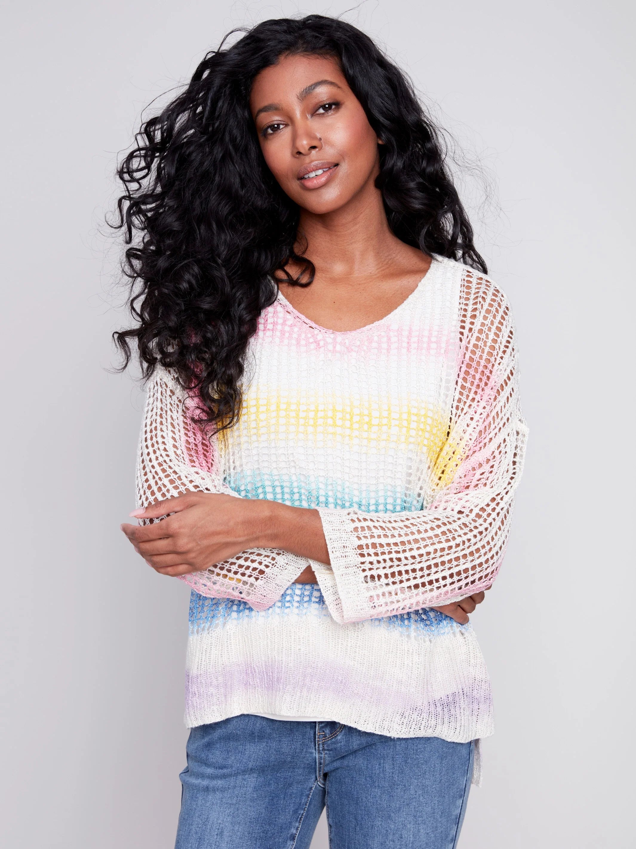 Printed Fishnet Crochet Sweater--Rainbow by Charlie B