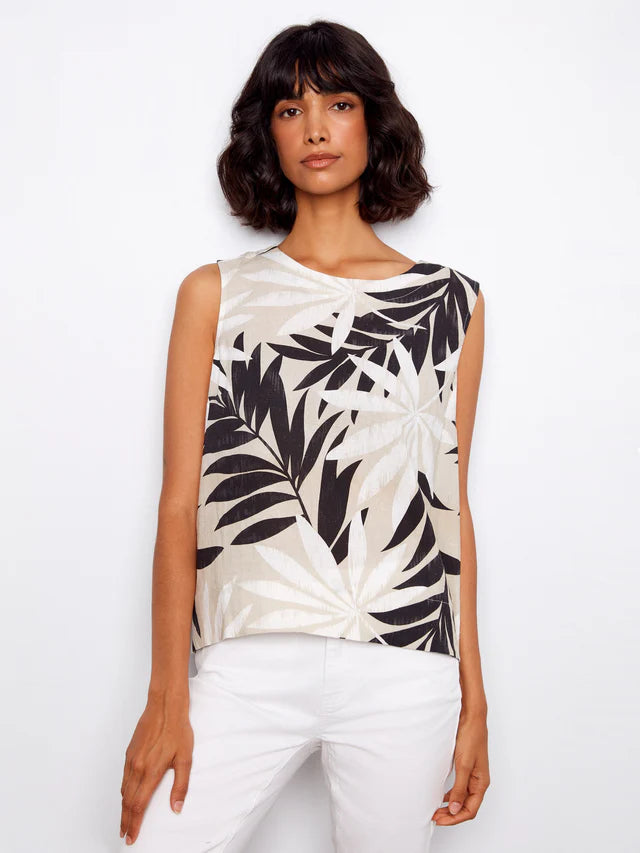 Leaflet Printed Sleeveless Linen Blend Top by Charlie B