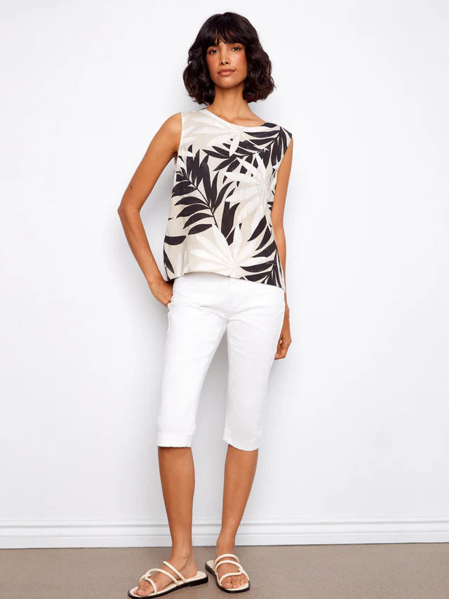 Leaflet Printed Sleeveless Linen Blend Top by Charlie B