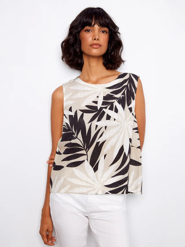Leaflet Printed Sleeveless Linen Blend Top by Charlie B