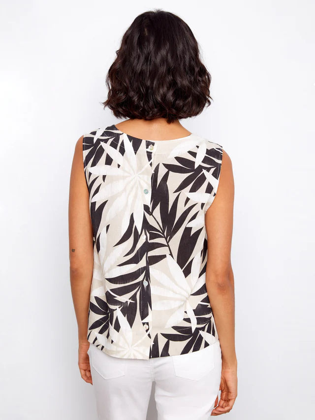 Leaflet Printed Sleeveless Linen Blend Top by Charlie B