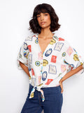 Printed Linen Blend Front-Tie Blouse - Postcard by Charlie B