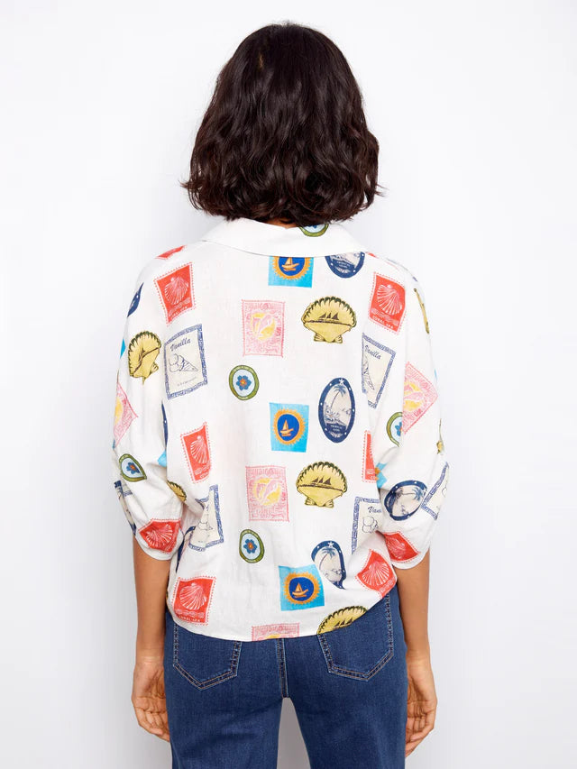 Printed Linen Blend Front-Tie Blouse - Postcard by Charlie B