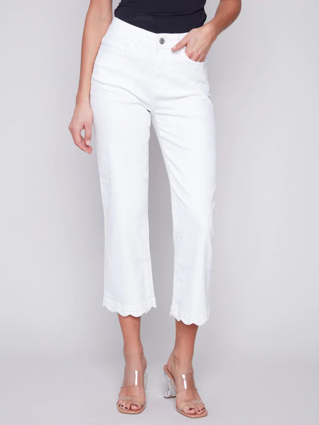Straight Leg Twill Jeans with Scallop Hem by Charlie B