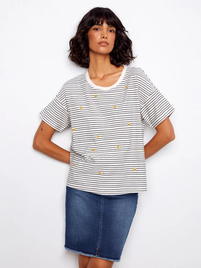Striped Crew Neck T-Shirt With Floral Embroidery - Navy by Charlie B
