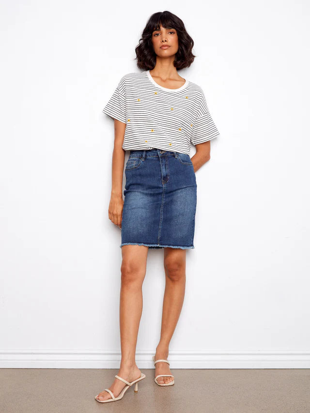 Striped Crew Neck T-Shirt With Floral Embroidery - Navy by Charlie B