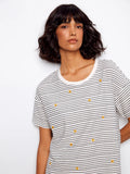 Striped Crew Neck T-Shirt With Floral Embroidery - Navy by Charlie B