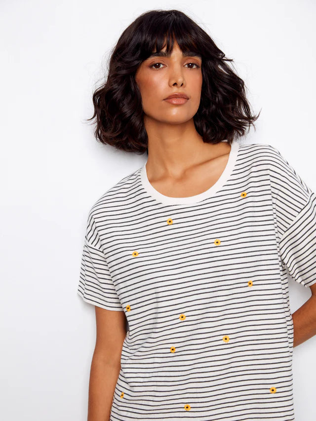 Striped Crew Neck T-Shirt With Floral Embroidery - Navy by Charlie B