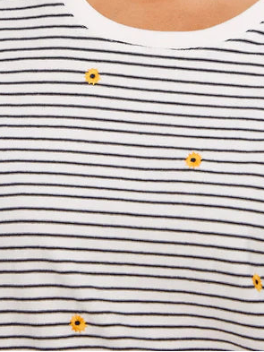 Striped Crew Neck T-Shirt With Floral Embroidery - Navy by Charlie B