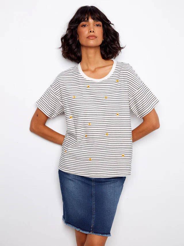 Striped Crew Neck T-Shirt With Floral Embroidery - Navy by Charlie B