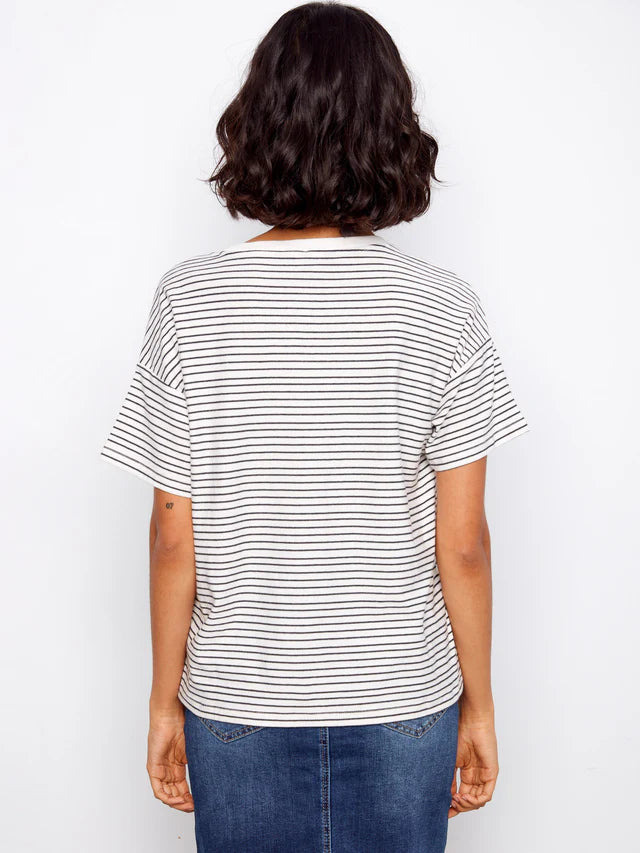Striped Crew Neck T-Shirt With Floral Embroidery - Navy by Charlie B