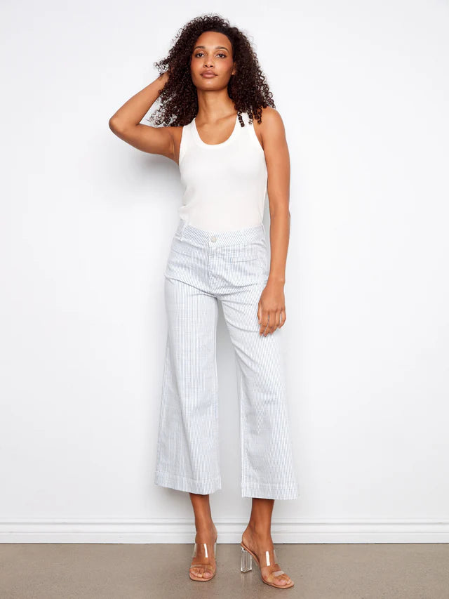 Striped Cropped Patch Pocket Flare Twill Pants by Charlie B