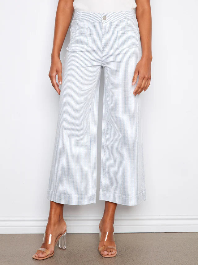 Striped Cropped Patch Pocket Flare Twill Pants by Charlie B