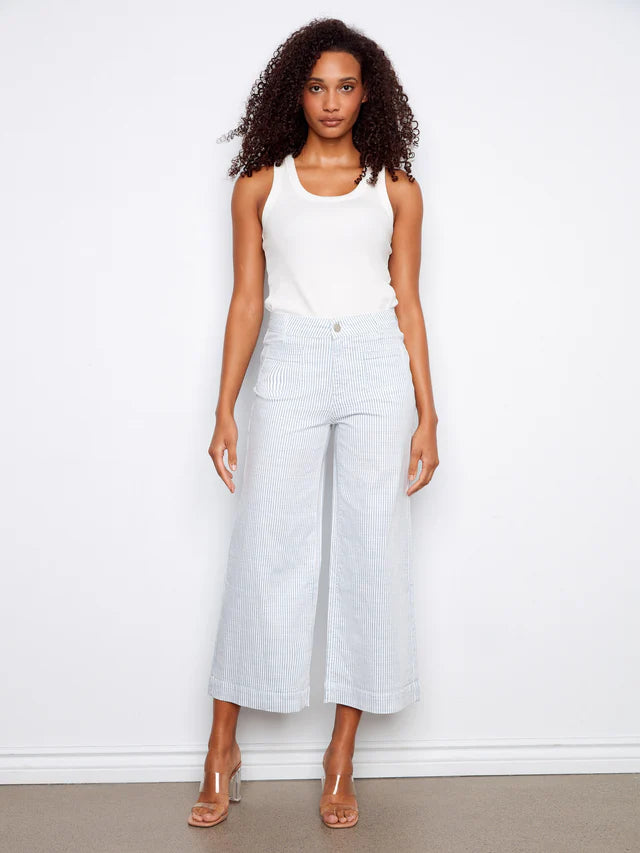 Striped Cropped Patch Pocket Flare Twill Pants by Charlie B