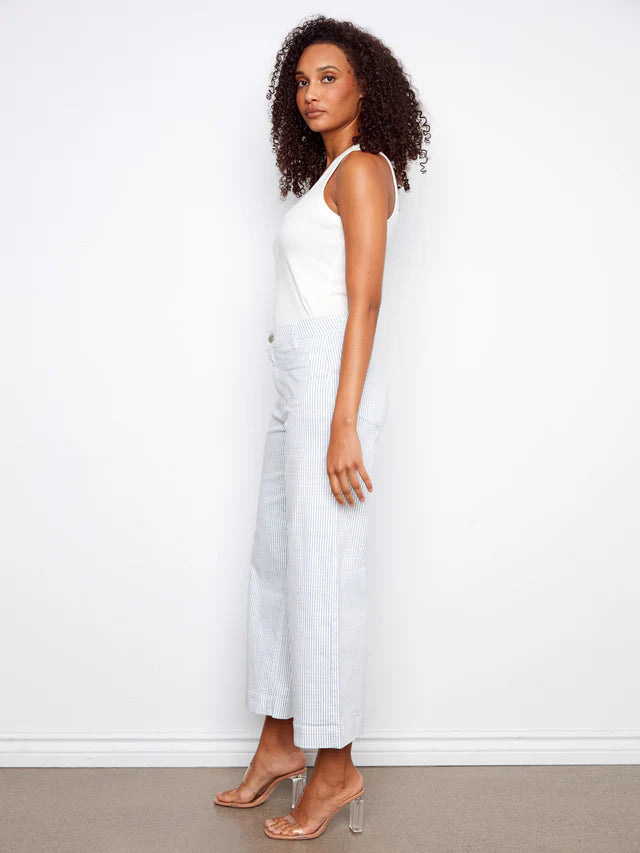 Striped Cropped Patch Pocket Flare Twill Pants by Charlie B