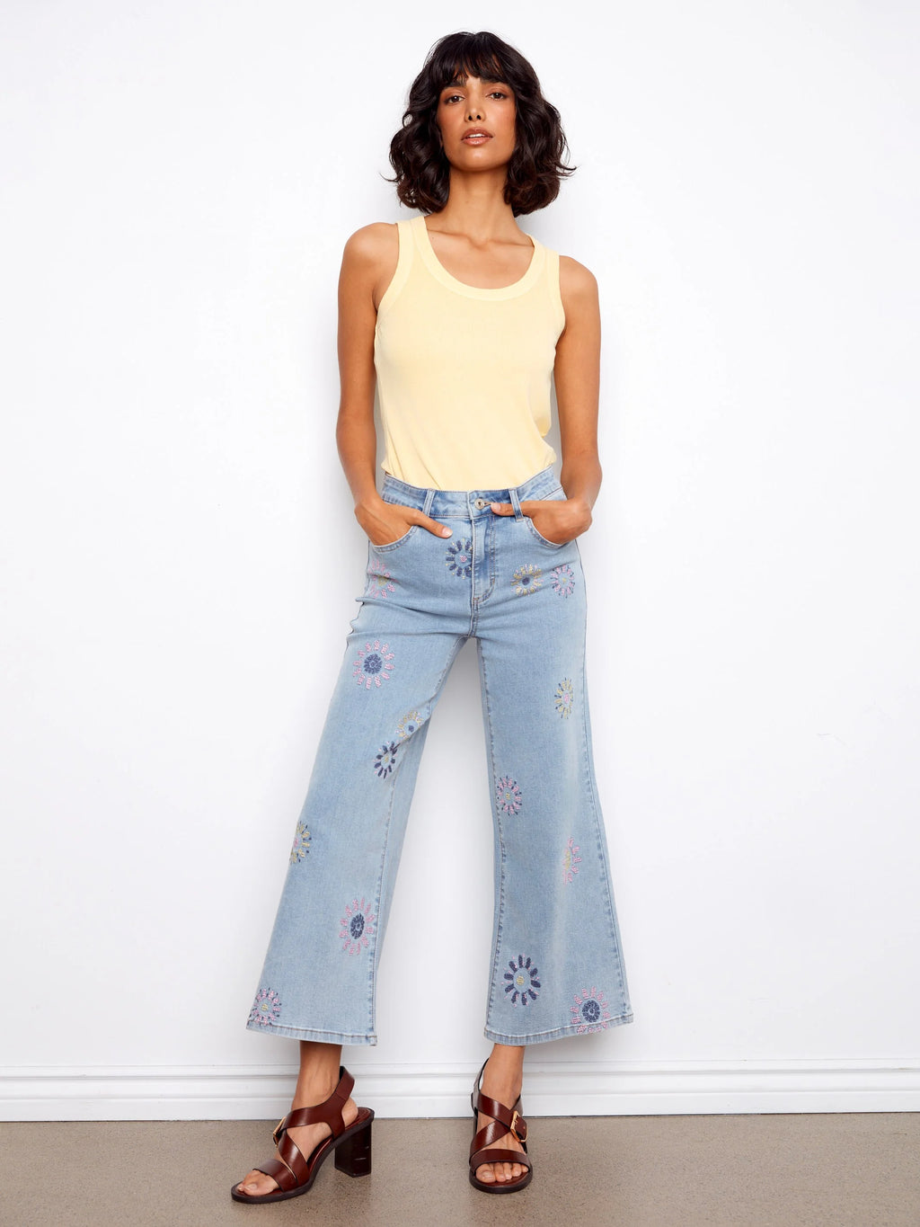 Wide Leg Jeans with Flower Embroidery by Charlie B