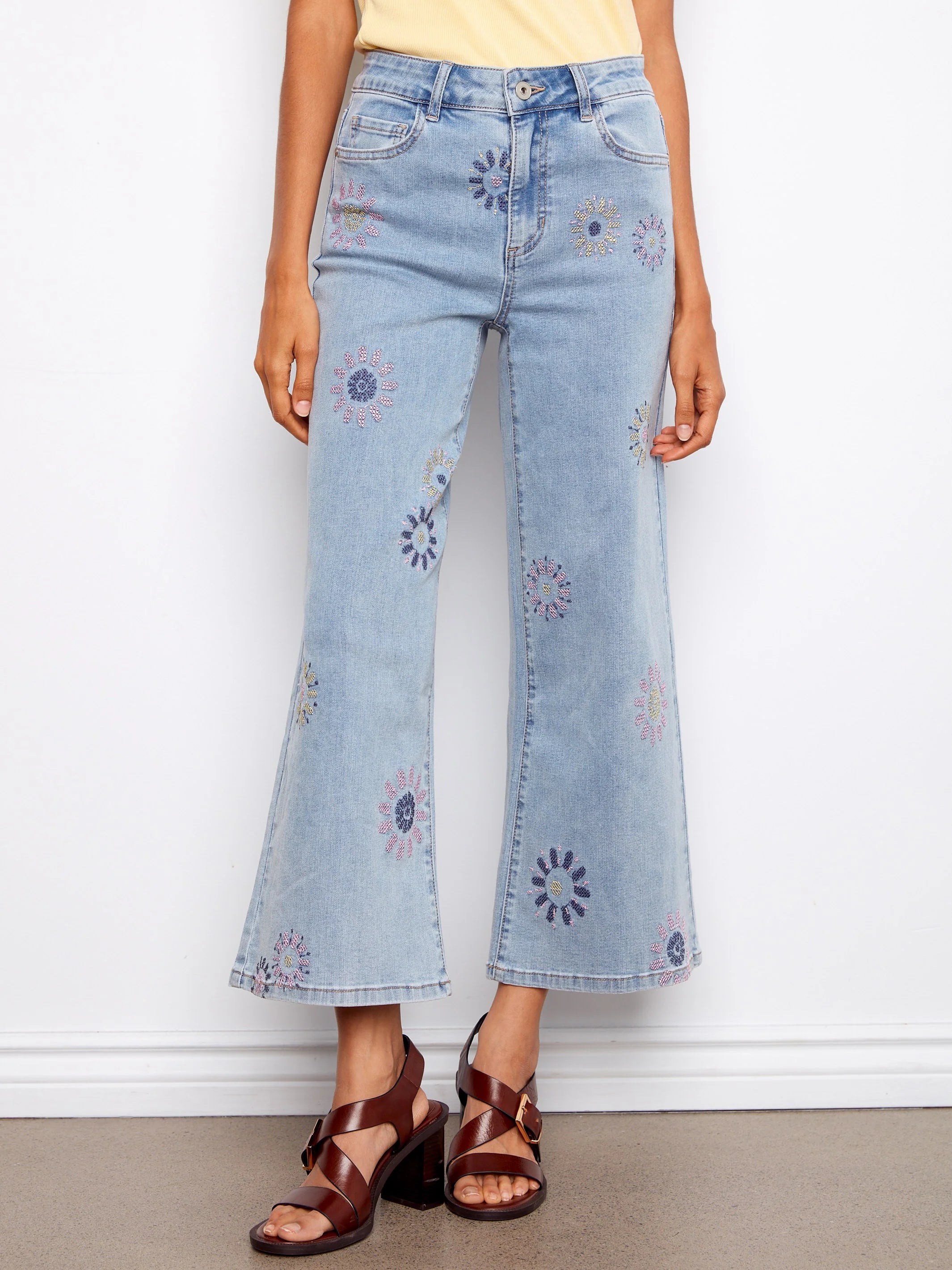 Wide Leg Jeans with Flower Embroidery by Charlie B