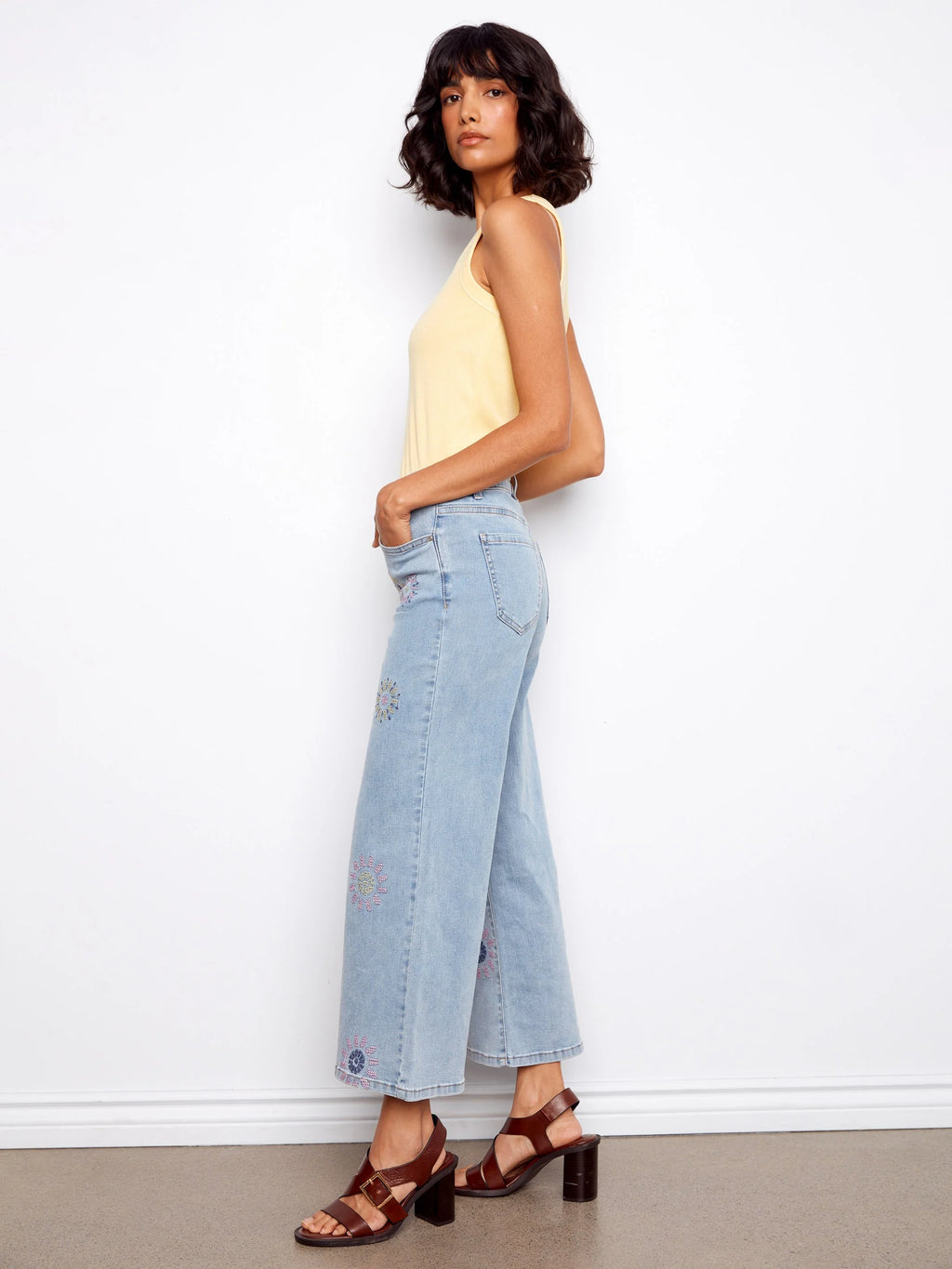 Wide Leg Jeans with Flower Embroidery by Charlie B
