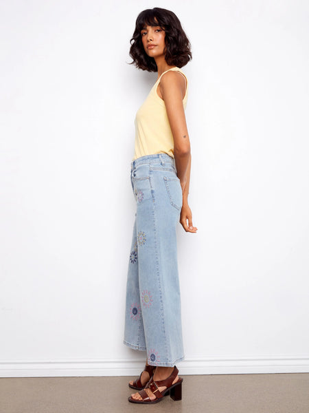 Wide Leg Jeans with Flower Embroidery by Charlie B