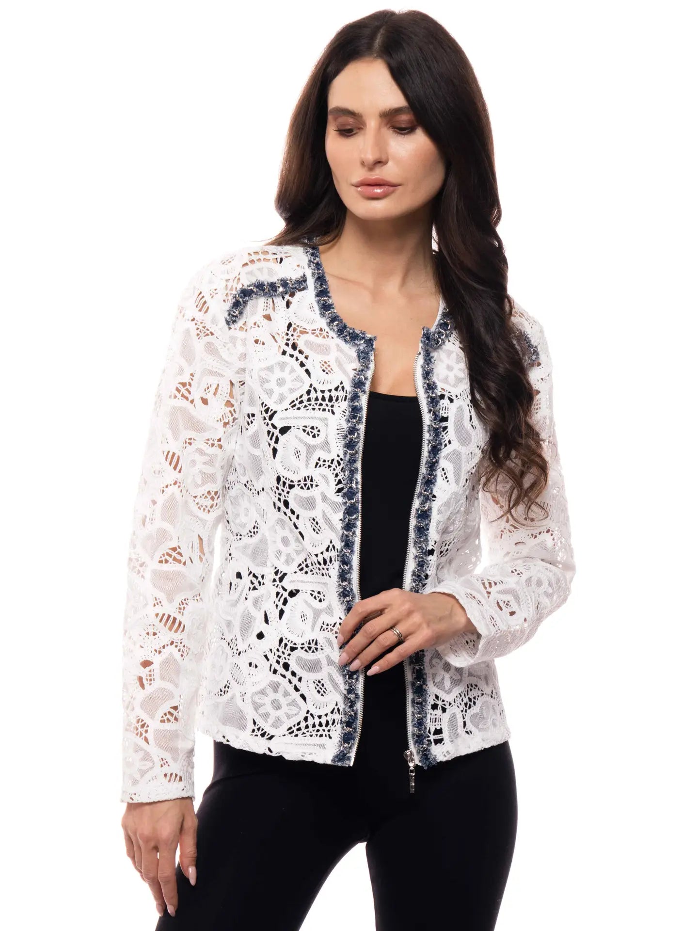 Lace Zip Front Jacket with Denim Trim by Adore