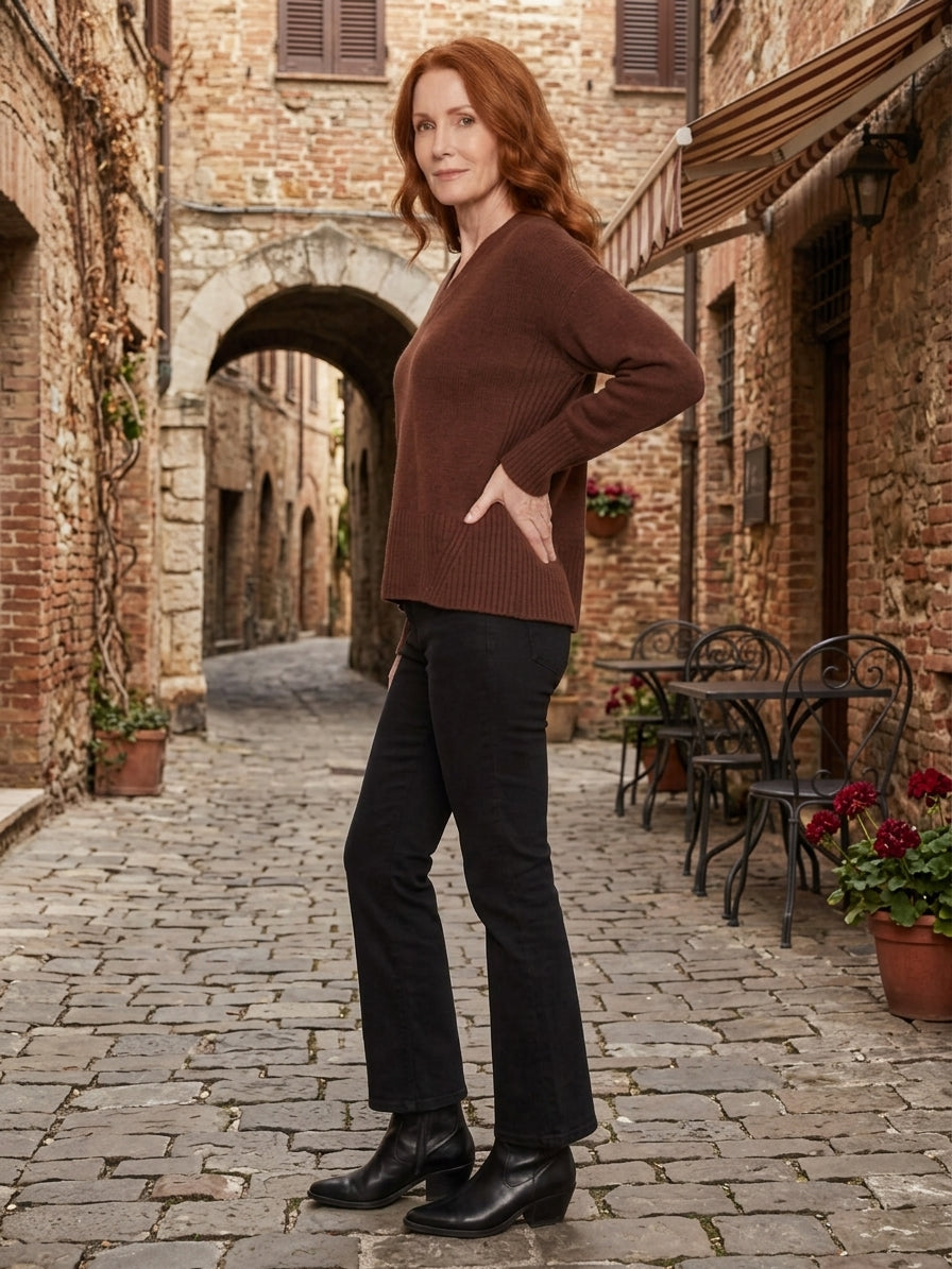 V-Neck Knit Sweater - Heather Brown