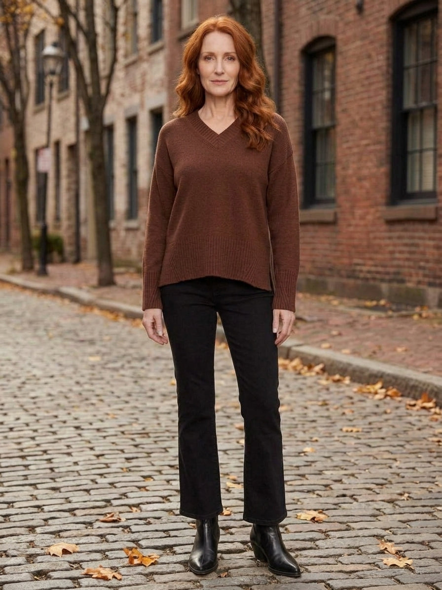 V-Neck Knit Sweater - Heather Brown