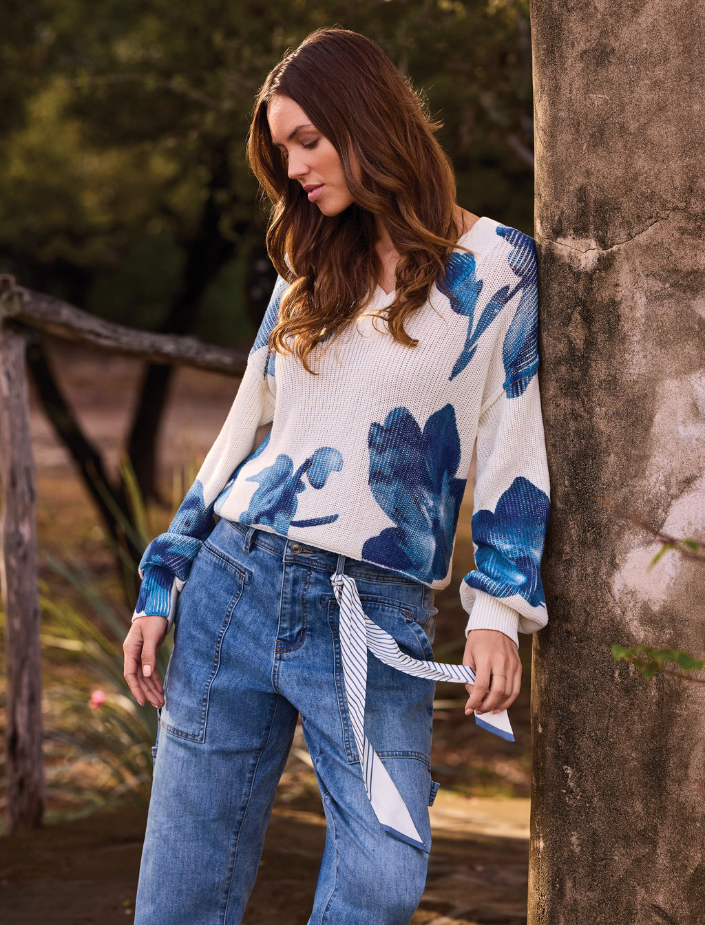 Tribal Drop Shoulder V-Neck Puff-Sleeve Printed Sweater
